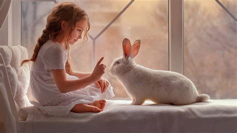 Download Aesthetic White Rabbit And A Girl Wallpaper