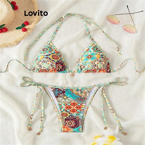 Lovito Women Boho Paisley Lace Up Bikini Sets Lne Shopee Philippines