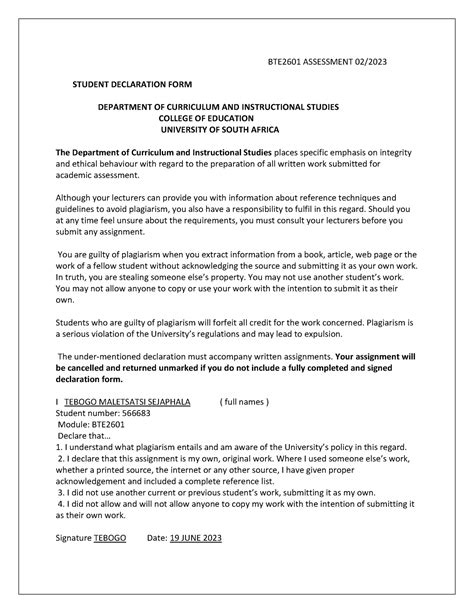 BTE2601 Assignment 2 BTE2601 ASSESSMENT 02 STUDENT DECLARATION FORM