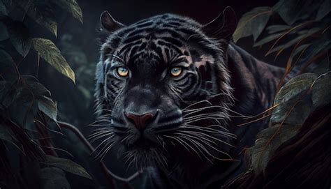 Premium Ai Image A Black Tiger With Blue Eyes Is In The Dark