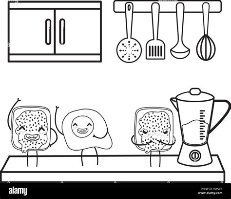 Cute Dibujos Animados Utensilios De Cocina En Blanco Y Negro Imagen