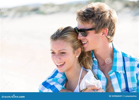 Blond Teen Couple Hug Together In Beach Outdoor Stock Image Image Of