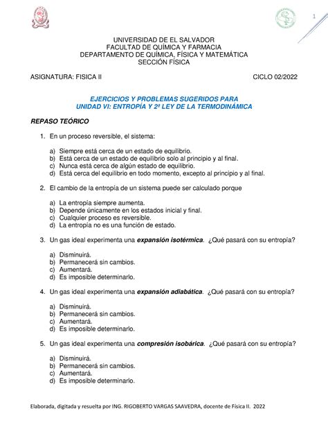 Ejercicios Y Problemas Sugeridos Para Unidad Entropia Y Segunda Ley