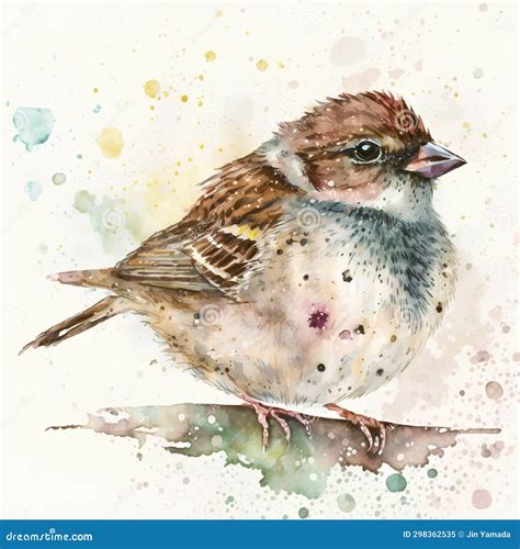 Watercolor Illustration Of A Sparrow On A Branch With Watercolor