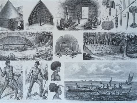 1870 Pacific Islanders Original Antique Print Ethnography