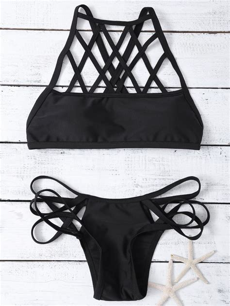 Bikinis Black Hollow Out High Neck Strappy Swimsuit Gamiss High