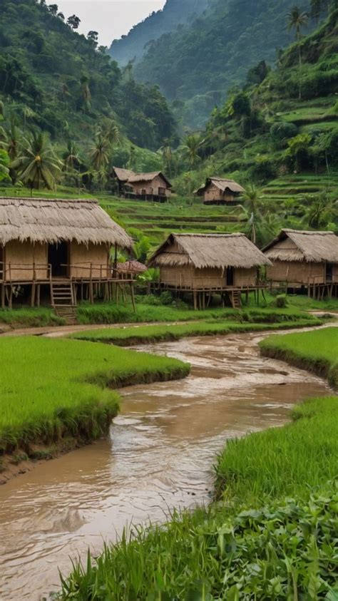 A picturesque village with mud huts and lush greenery ในป 2024