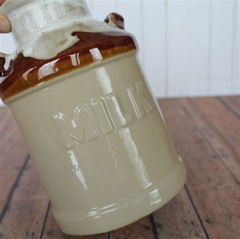 Vintage Stoneware Utensil Crock Canister Milk Jug Style Cream And Brown