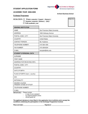 Fillable Online Sfsu STUDENT APPLICATION FORM ACADEMIC YEAR 2008 2009