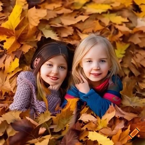 Two Girls Playing In A Pile Of Autumn Leaves