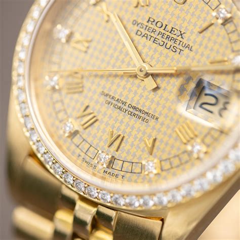 Rolex Datejust 36 Rare Houndstooth Diamond Dial Vintage 18k Yellow