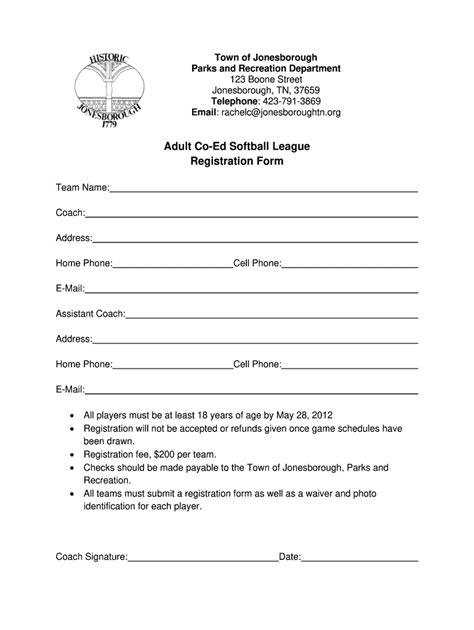 Adult Co Ed Softball League Registration Form Jonesboroughtn Fill