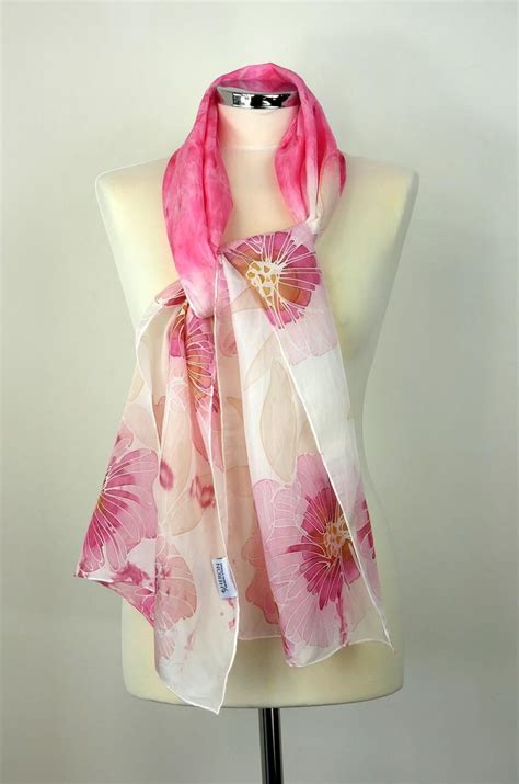 Pink Silk Scarf Handmade Pink Flowers Oblong Silk Scarf Hand Painted