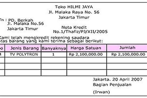 Pengertian Dan Contoh Nota Kredit