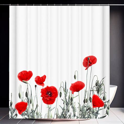 Poppy Shower Curtain Red Poppies Bath Decor Simple Floral Aesthetic