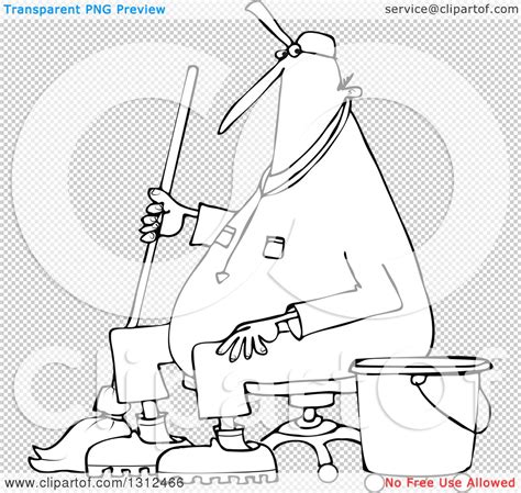 Lineart Clipart Of A Cartoon Black And White Male Custodian Janitor