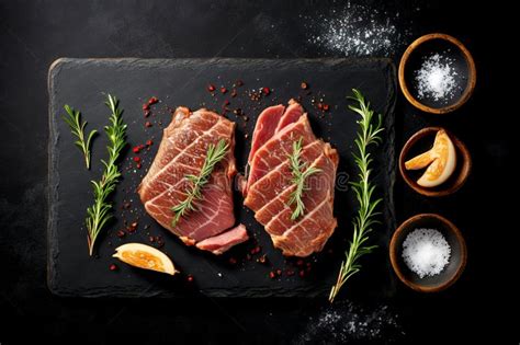 Raw Steak And Rosemary On Black Background Stock Illustration