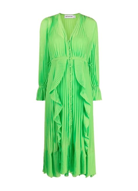 Self Portrait Dress Woman Green Chiffon Ruffle Midi Dress Rs23102m