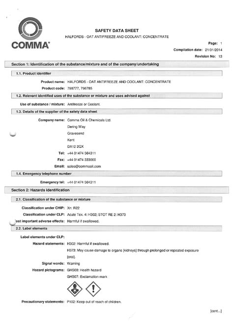 HALFORDS - OAT ANTIFREEZE AND COOLANT: CONCENTRATE MSDS Download