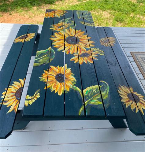 Picnic Table Painted Sunflowers Painted Picnic Tables Garden Fence