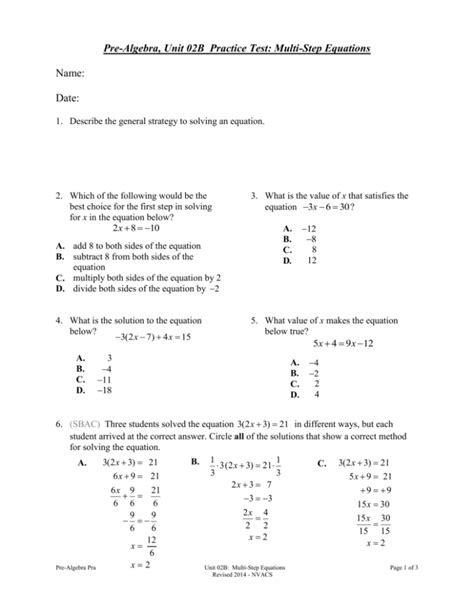 Pre Algebra Unit 02b Practice Test Multi