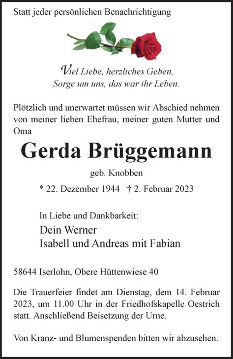 Traueranzeigen von Gerda Brüggemann Trauer in NRW de