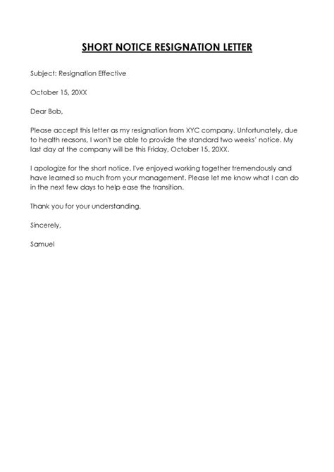 Short Notice Resignation Letter Examples Hours Notice