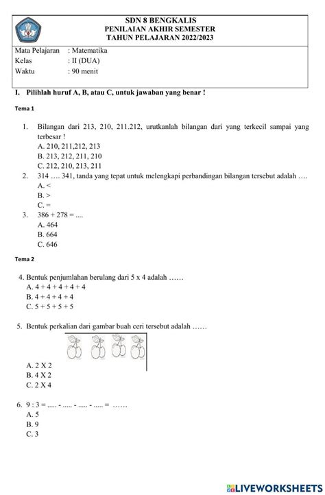 2233494 Soal Pas Matematika Kelas 2 Semester 1 Ulil