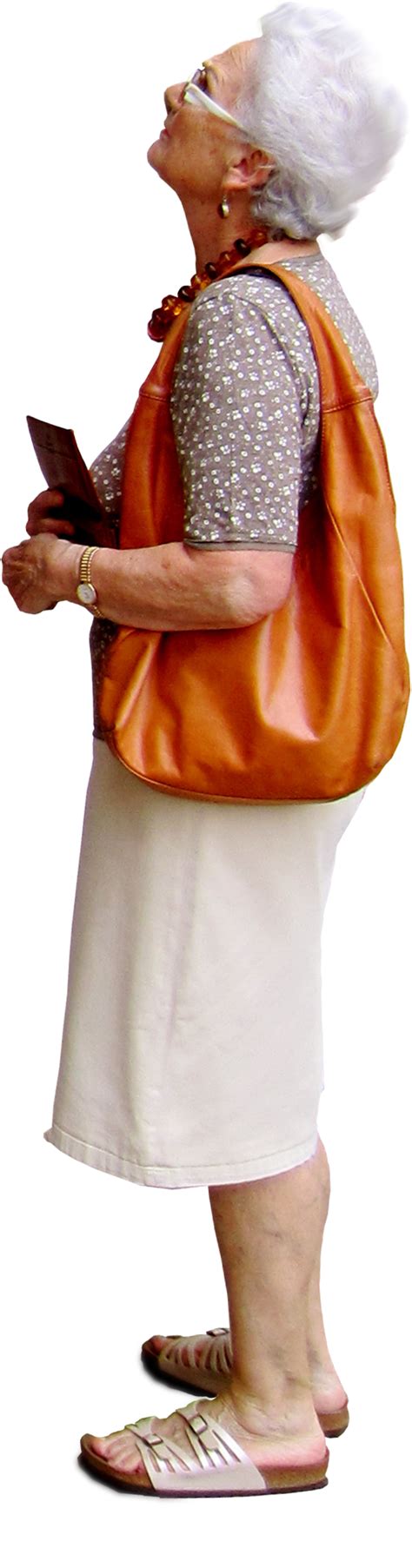 Old Woman Looking Up At Something With A Large Orange Handbag People