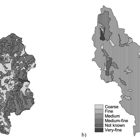 Land use map (1st level of CORINE-Land Cover) (a) and soil texture map ...