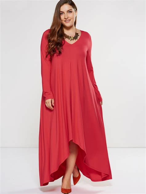 Plus Size Asymmetrical Smock Maxi Dress Red Xl In Plus Size Dresses