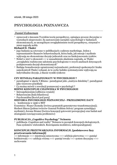 Poznawcza Notatki Z Poznawczej Wtorek Lutego Psychologia