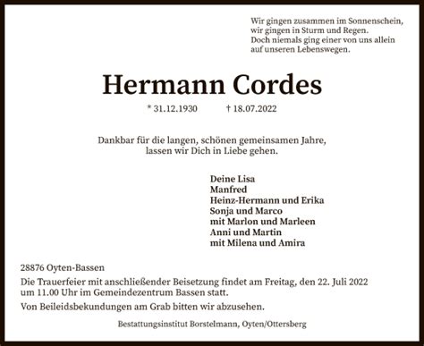 Traueranzeigen Von Hermann Cordes Trauer Kreiszeitung De