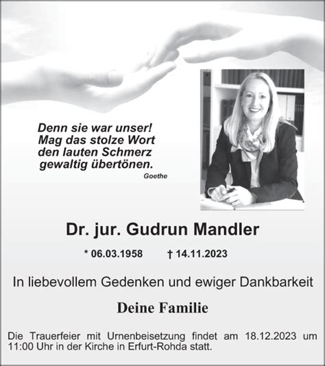 Traueranzeigen Von Gudrun Mandler Trauer In Thueringen De