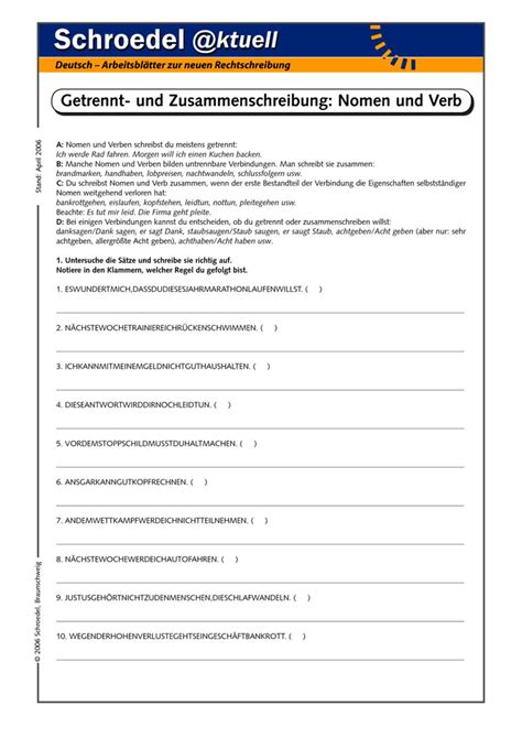 Getrennt Und Zusammenschreibung Nomen Und Verb Ein Arbeitsblatt