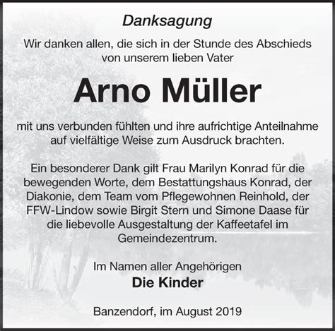 Traueranzeigen von Arno Müller Märkische Onlinezeitung Trauerportal