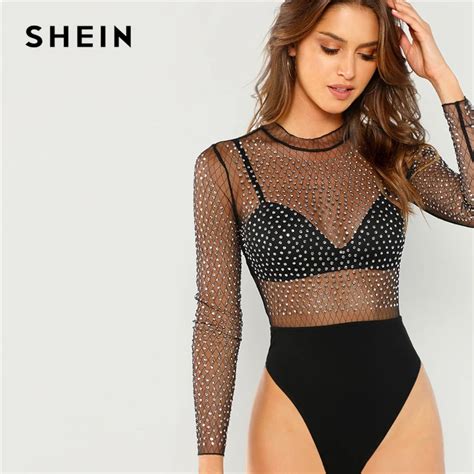 Buy Shein Black Sexy Party Frill Neck Semi Sheer Mid