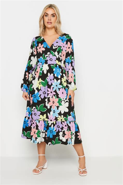 Yours Plus Size Black Floral Print Long Sleeve Textured Wrap Dress Yours Clothing