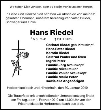 Traueranzeigen Von Hans Riedel Vrm Trauer De