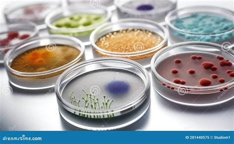 Mixed Of Bacteria Colonies In Various Petri Dish Growing Cultures Of