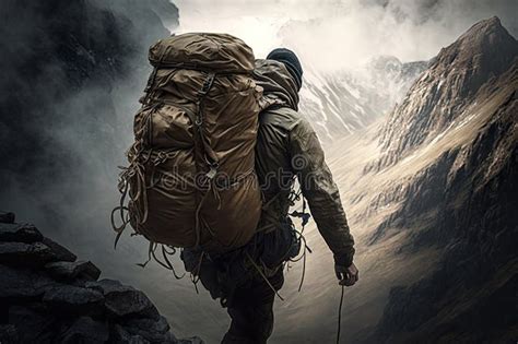 Man Climbing Up Mountain With Backpack On His Back And Ropes In Hand