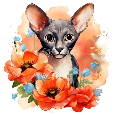 Premium Photo Watercolor Cornish Rex Cat Surrounded With Poppies