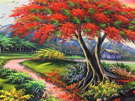 Flamboyant Tree Painting Colorful Oil Painting Landscape - Etsy