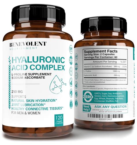 Premium Hyaluronic Acid 250mg with Vitamin C & L Proline - 120 Capsules ...