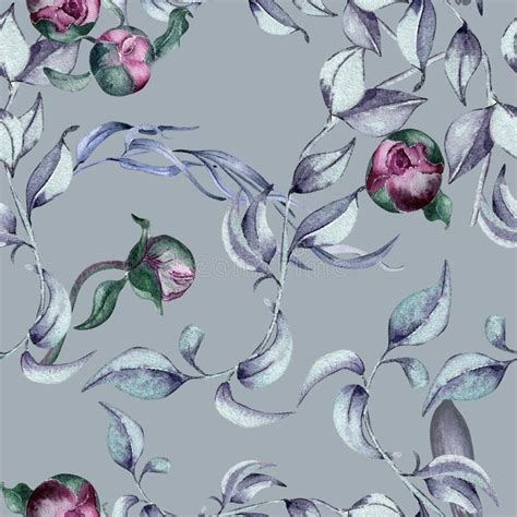 Watercolor Pattern Of Stems And Buds Isolated On Grey Gothic Floral