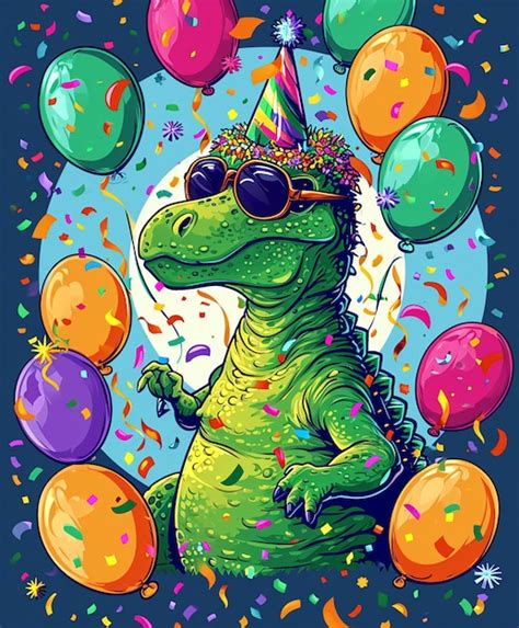 Premium Photo Cartoon Dinosaur Wearing Party Hat And Sunglasses