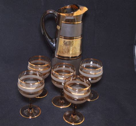 Vintage Bohemia Crystal Pitcher And 5 Glasses Made In Czechoslovakia Amber And Gold In Color