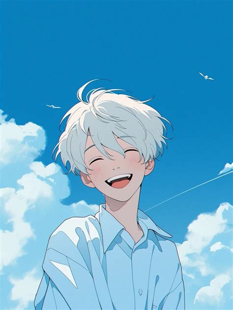 An Anime Character With White Hair And Blue Shirt Smiling At The Camera