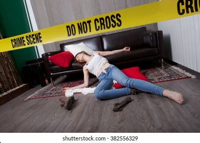 Crime Scene Imitation Lifeless Woman Lying Stockfoto 625730468