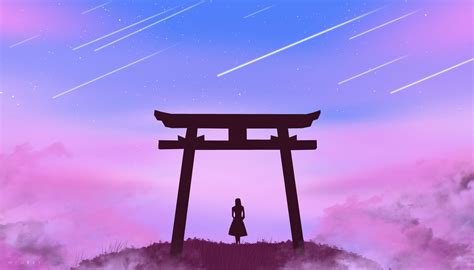 Wallpaper Torii Gate Girl Silhouette Clouds Stars Art Hd